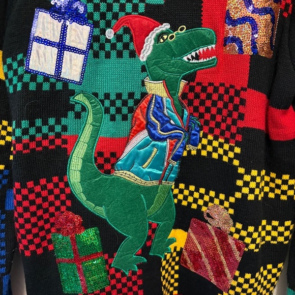Ugly Christmas Sweater Dinosaur T-Rex Dino Santa Hat Plaid, Mens size Large - Picture 7 of 10